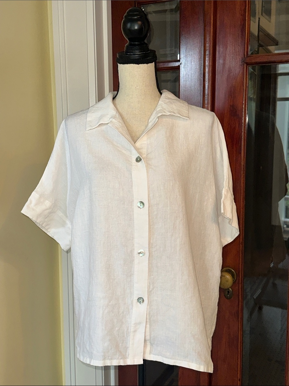 Christopher Calvin | 100% Linen White Short Sleeve Dolman Button Down Shirt, S